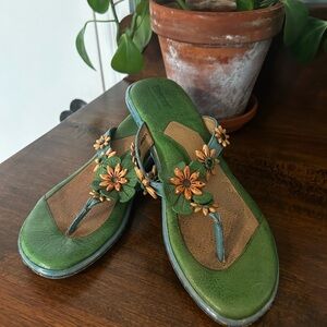 Born Genuine Leather Green and Brown Sandals with Floral Accents